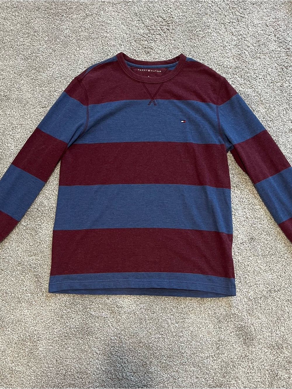 Tommy Hilfiger Burgundy and Blue Crewneck Pullover